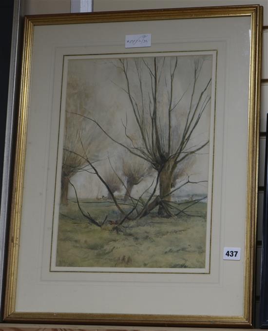 Henry George Moon (1857-1903), watercolour, Coppiced trees, signed and dated 1883 and a framed photograph